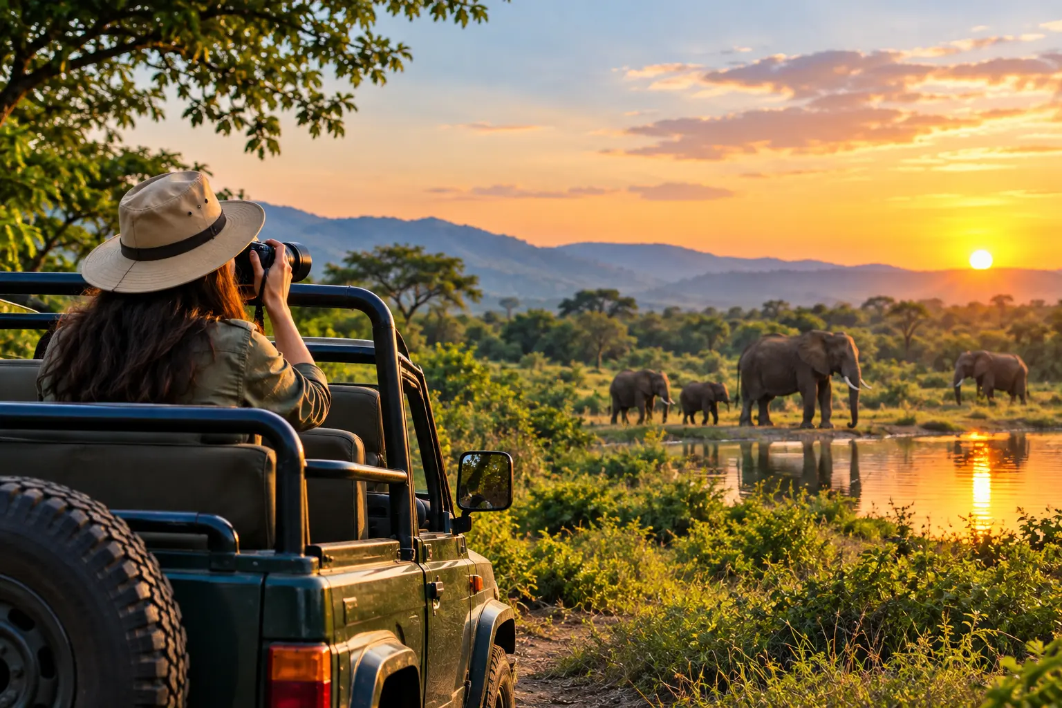 Traveller photographing a herd of elephants from a safari jeep at sunset near Jim Corbett National Park