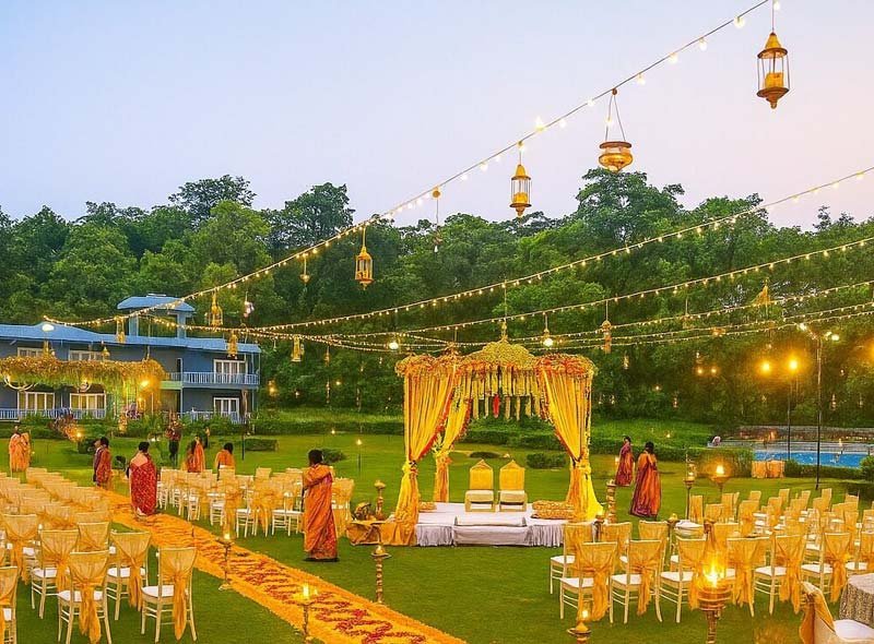 Banquet hall for a wedding reception in Jim Corbett
